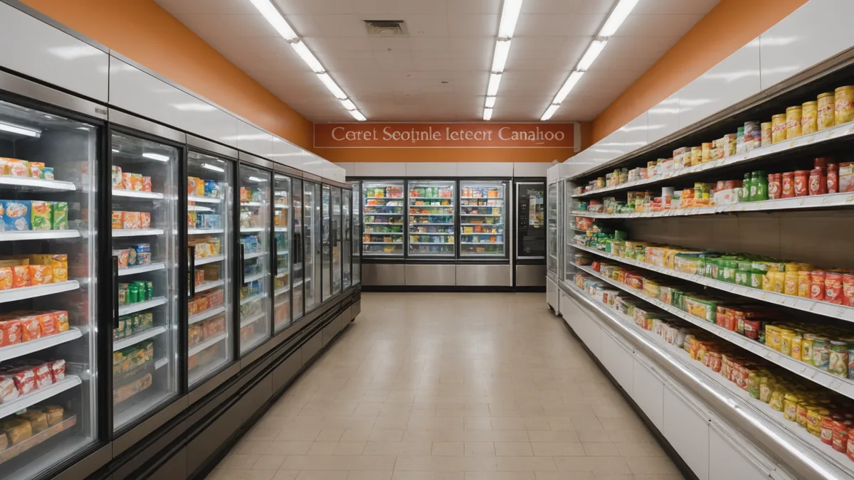 Grocery store aisle showing deep shelves and refrigerator section during mid-morning with visible shelf gaps