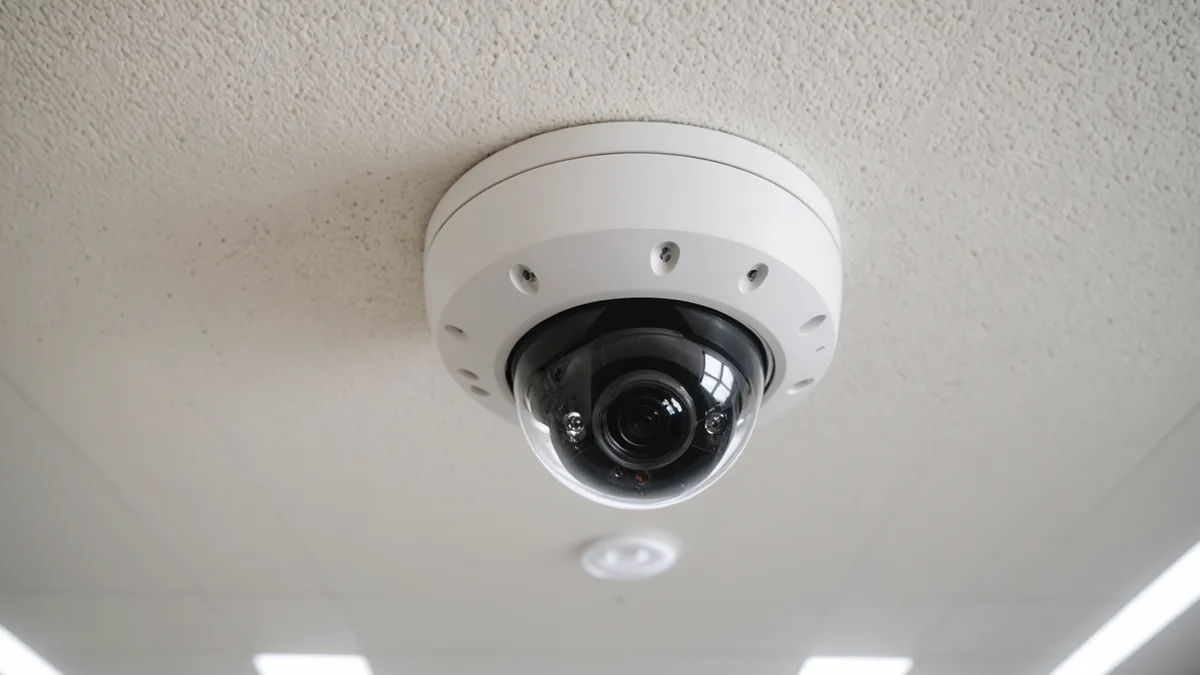 Edge processing unit next to a CCTV camera feed showing shelf fill rate inference in a retail environment