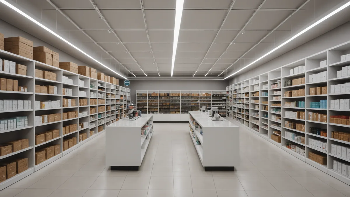 Regional grocery store shelves showing product gaps and overhead cameras monitoring shelf fill conditions