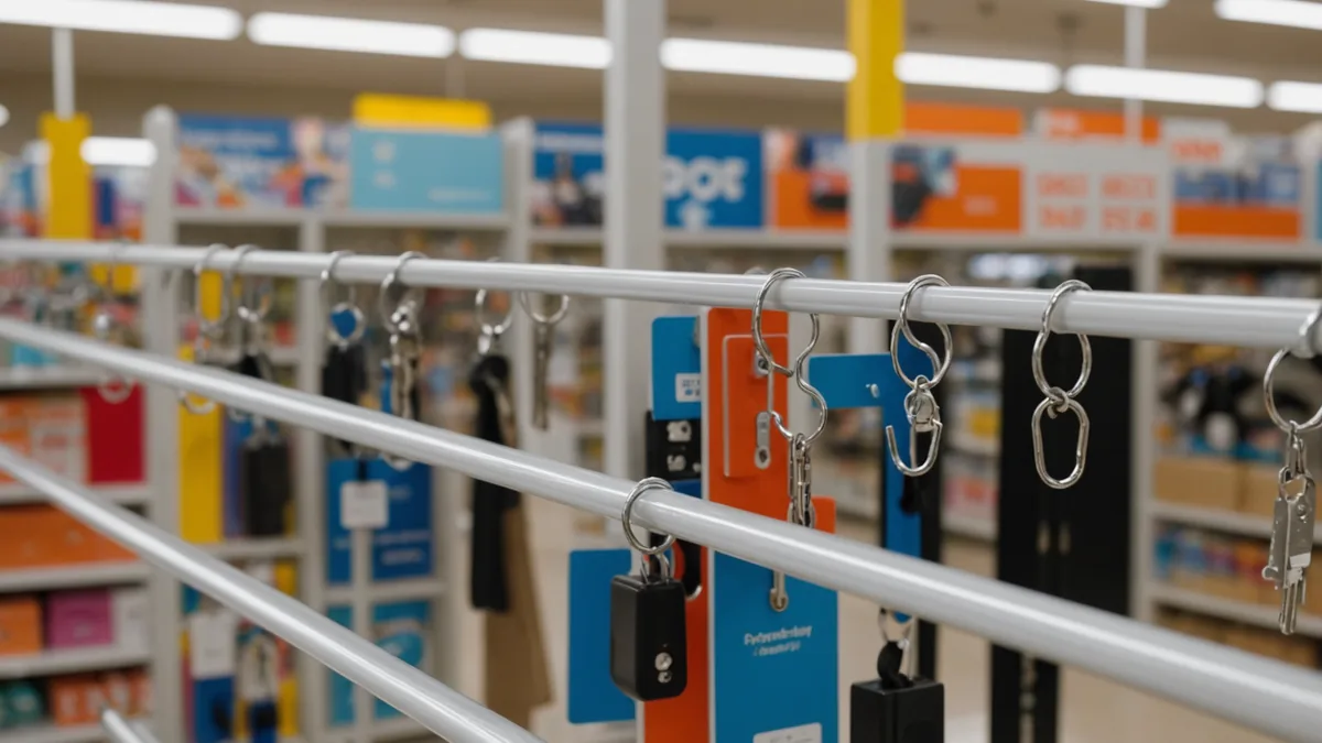 Retail store shelf zone with camera overhead showing dwell pattern monitoring for loss prevention